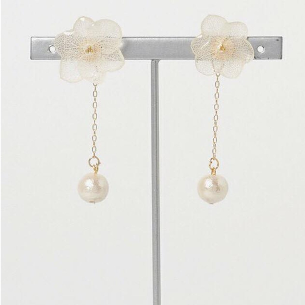 白繡球永生花X日本綿綿珠長耳環