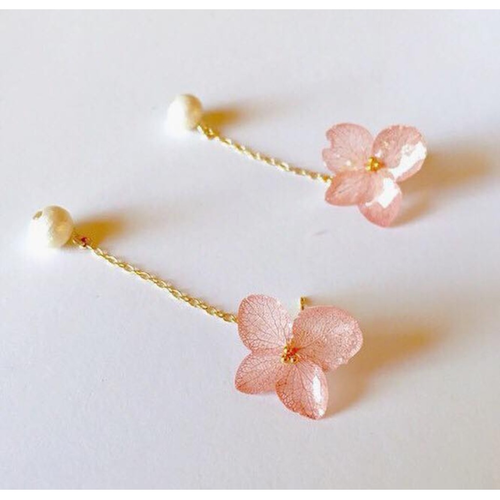 日本粉色繡球永生花X日本綿綿珠長耳環
