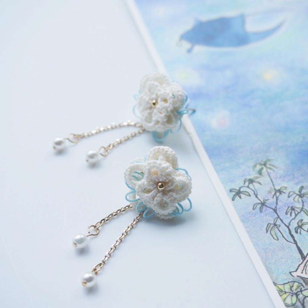 傳統手工梭織蕾絲耳環 - 一朵花。針式/夾式