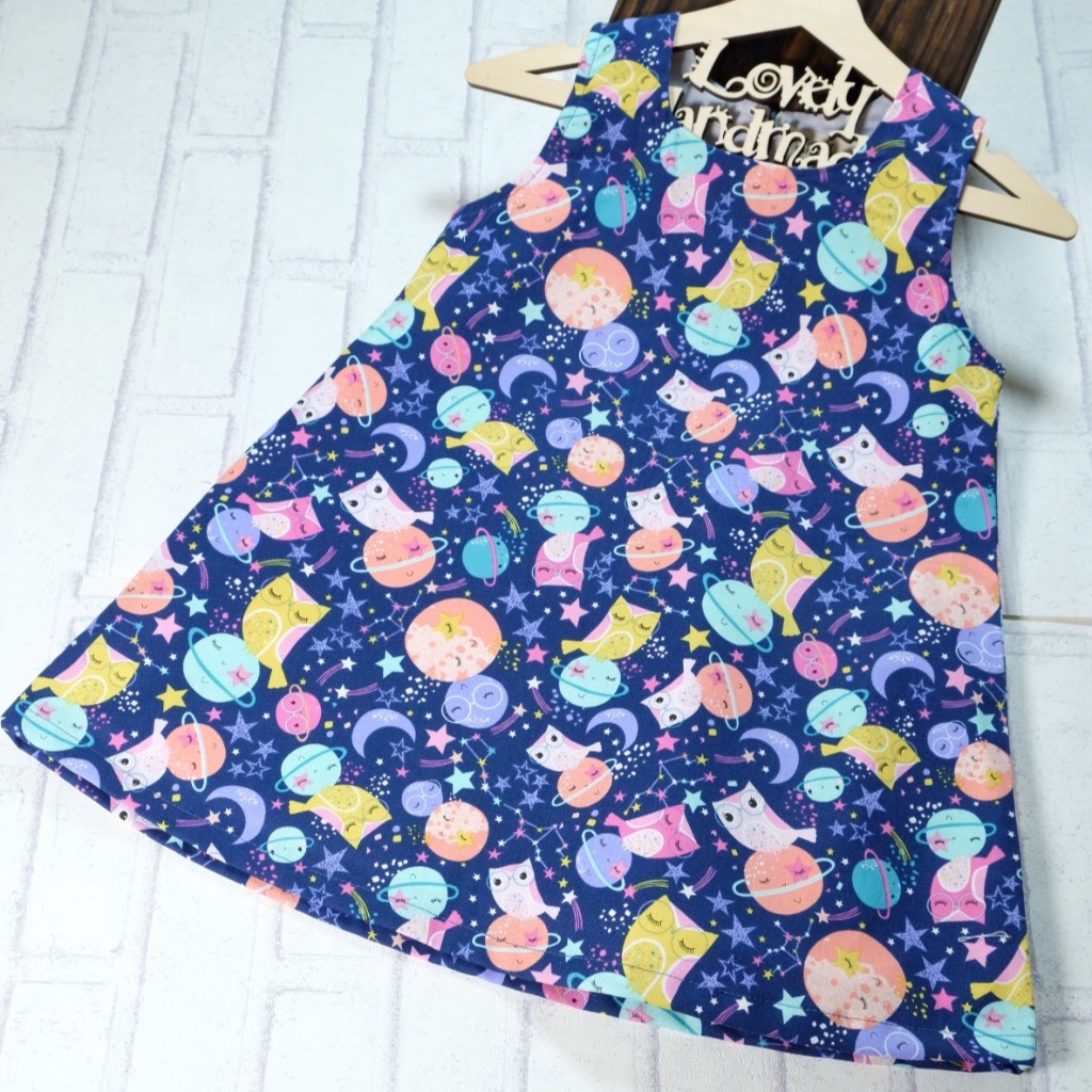 Midnight Owls on Planets Handmade Sleeveless Dress (Size140)