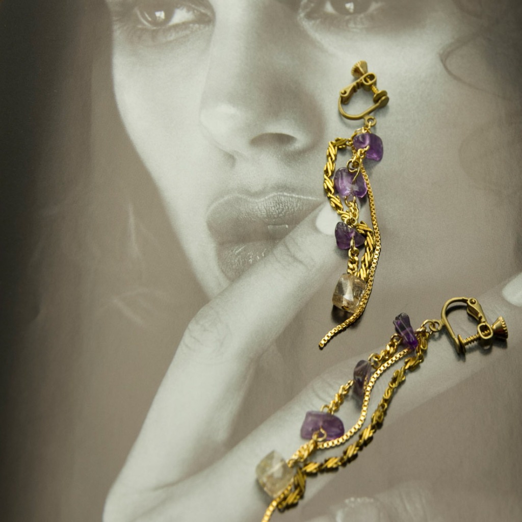 絕色系列-黃色托帕石與紫水晶 黃銅工藝耳夾
