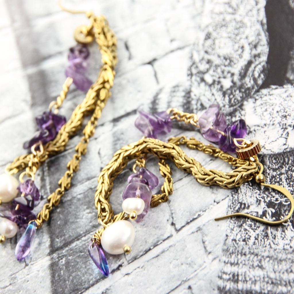 絕色黃銅系列- 紫水晶.天然珍珠.歐洲彩珠與黃銅 光耳飾AG FASHION