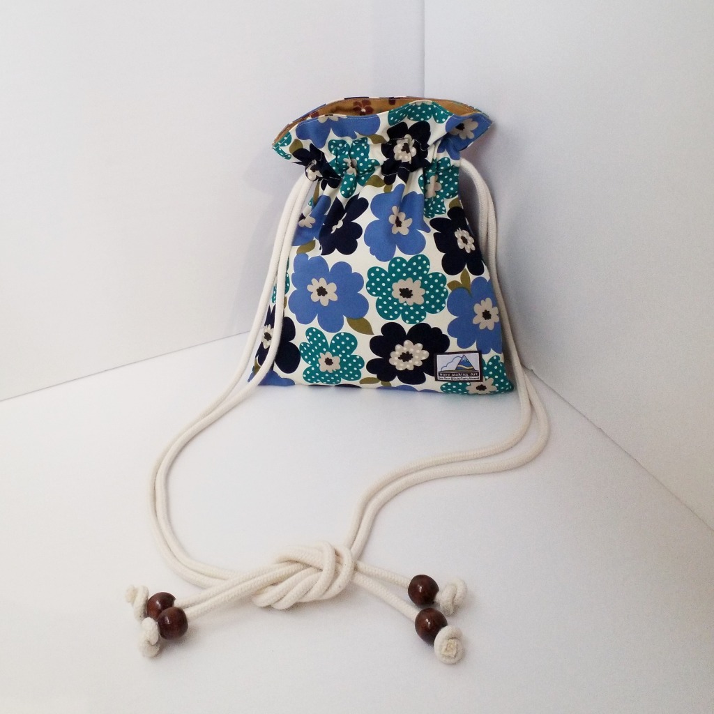 藍色色調花花圖案索繩袋 Blue Tone Flower Drawstring Bag