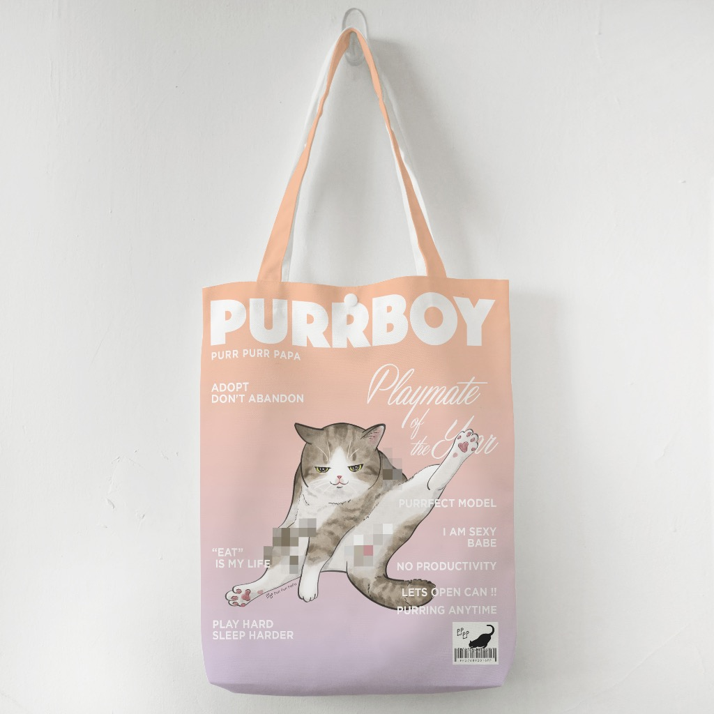 【花樣毛孩】虎紋白貓 Purrboy Tote Bag - Tabby White