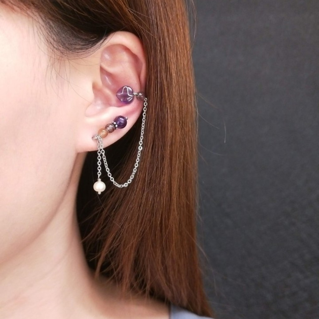 耳環 紫水晶 髮晶不鏽鋼服貼耳環耳骨夾