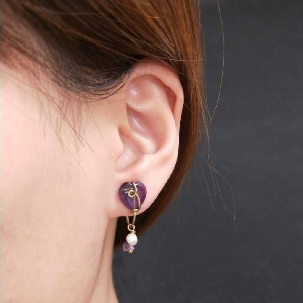 耳環 紫水晶 珍珠夾式耳環