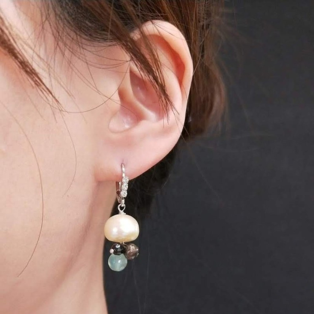 耳環 珍珠 鋯石 葡萄玉耳勾耳環